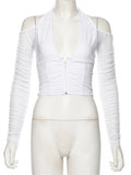 Elegant Sexy V-neck Mesh Tops Summer Women's See through Off Strapless Sleeve Crop Top  Club Party Tee shirts Mujer