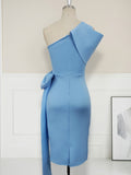 Women Bodycon Dresses One Shoulder with Bowtie Waist Belt Light Blue Dress Elegant Slim Vestido African Event Celebrate Occasion