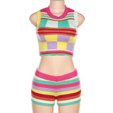 2Two Piece Set Knitted Multi-Color Stitching Women Slim O-neck Sleeveless Tank Tops+Stretchy Shorts Casual Suit Female