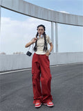 Harajuku Streetwear Red Cargo Pants Women Hip Hop Oversized High Street Y2K Pockets Wide Leg Black Jogger Trousers Female