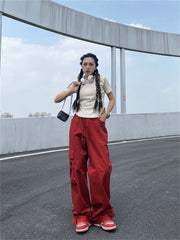 Harajuku Streetwear Red Cargo Pants Women Hip Hop Oversized High Street Y2K Pockets Wide Leg Black Jogger Trousers Female