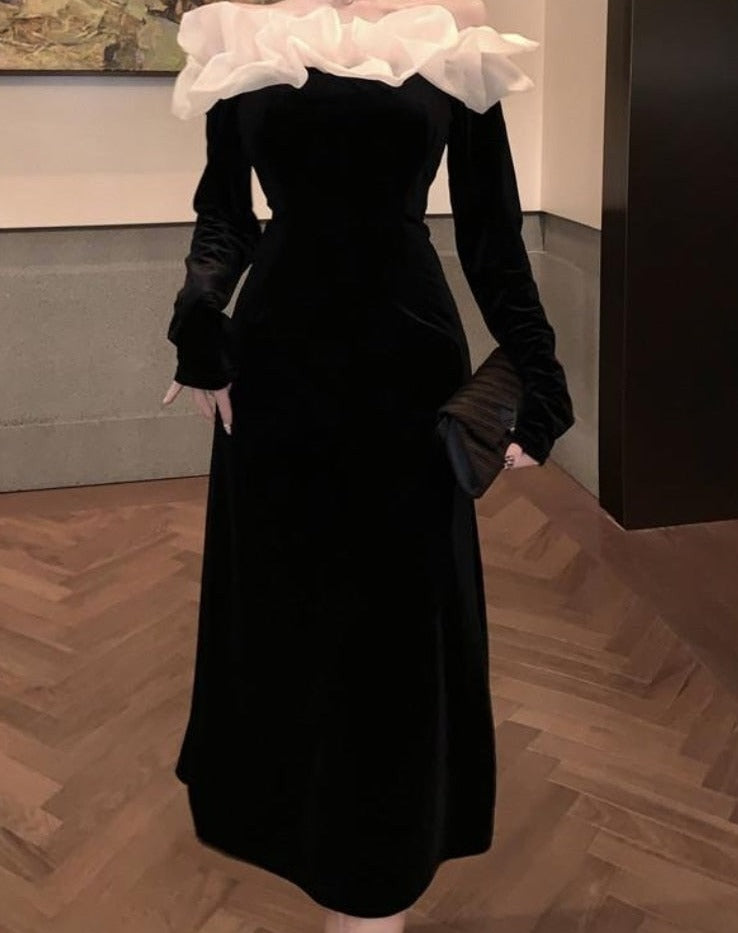 Korean Fashion Velvet Midi Dress Woman Long Sleeve Sexy Dress Elegant Pure Color French Vintage Dress Off Shoudler Design