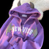 American Retro Little Devil Horn Hoodies Y2k Women Letter Embroidery Zipper Hooded Sweatshirt Harajuku Casual Loose Jacket Coats