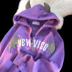 American Retro Little Devil Horn Hoodies Y2k Women Letter Embroidery Zipper Hooded Sweatshirt Harajuku Casual Loose Jacket Coats