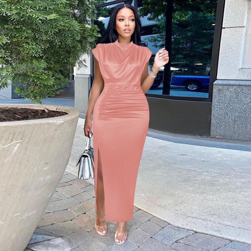 Women Shiny Long Dress Pleated Long Green Elegant Slit High Collar Slim Fit Sleeveless Maxi Robes Female Gowns Party  Spring Pbong mid size graduation outfit romantic style teen swag clean girl ideas 90s latina aesthetic
