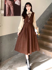 Elegant Vintage Long Dress Women Preppy Style Patchwork Long Sleeve Dresses Kawaii Peter Pan Collar Autumn Robe