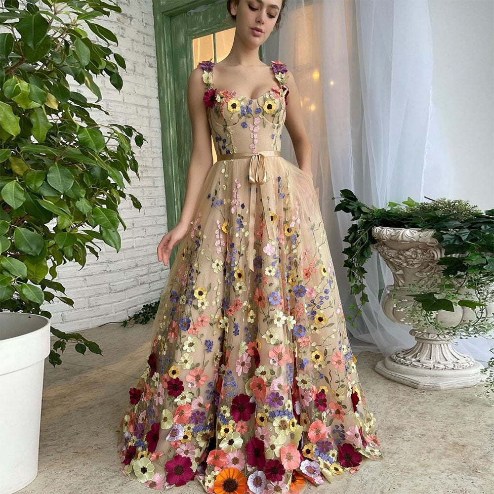 Exquisite 3D Flowers Prom Dresses Sweetheart Floral Straps A-Line Evening Gowns Formal Party Dress With Pockets