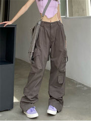 Y2K Khaki Cargo Parachute Pants Women Harajuku Korean Fashion Oversized Gray Wide Leg Trousers Female 90s Retro Tactical