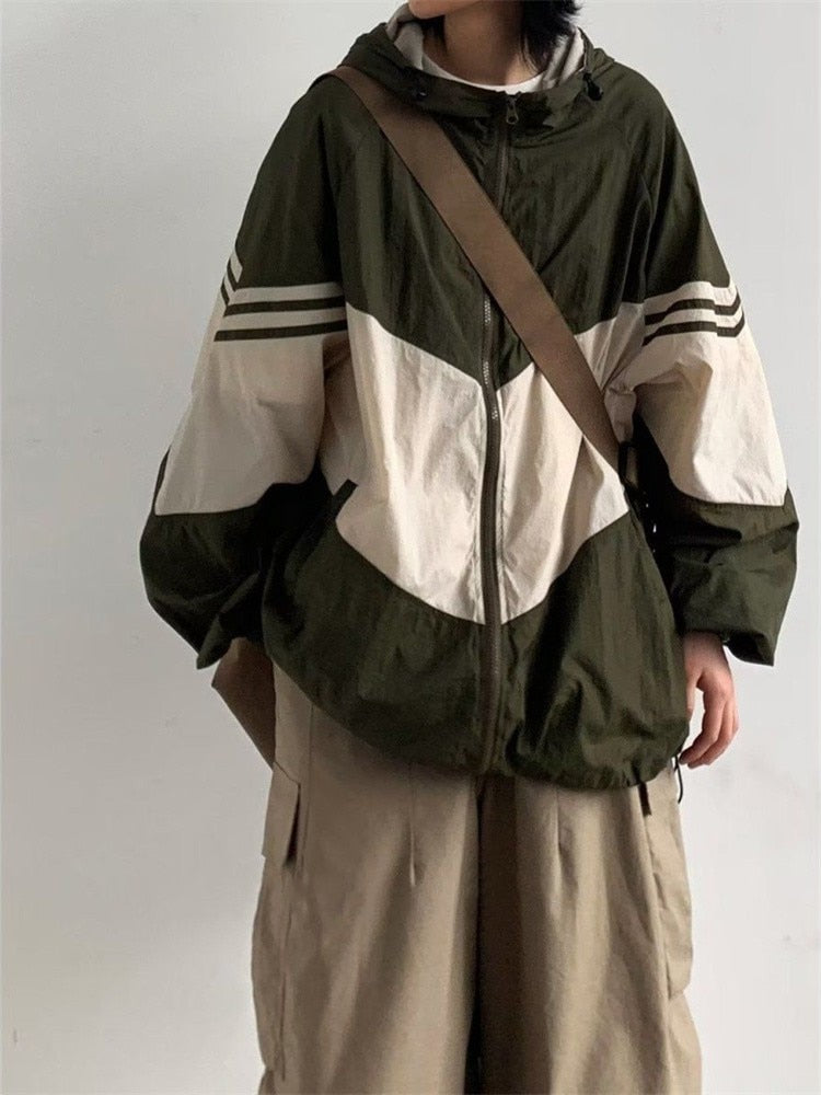 Gorpcore Vintage Hooded Jacket Women Japanese Style Quick Dry Green Outerwear Oversized Harajuku Retro Patchwork Brown Top