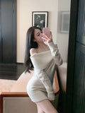 Pure Color Elegant Knitted Dress Woman Bodycon Slim Y2k Mini Dress Casual Party Korean Fashion Long Sleeve Dress Winter