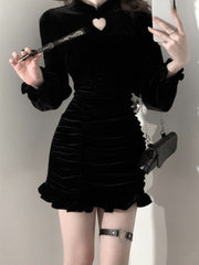 Velvet Black Bodyocn Sexy Dress Autumn Vintage Holoow Out Wrap Slim Party Evening Short Dresses for Women Robe Female