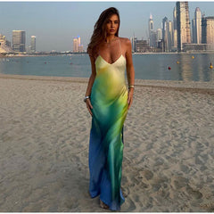 Women Fashion Sexy Backless Contrast Printing Sling Maxi Dress Chic V-neck Sleeveless Dresses Female Elegant Beach Party Vestido