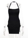 Metal Circle Split Mini Dress For Women Summer New Black Halter Backless Sleeveless Bodycon Short Dress Vestidos