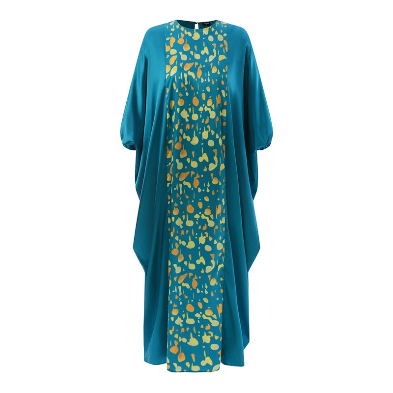 Pbong Bohemian Bat Sleeve Printed Maxi Dress Summer Women Pleated Party Sundress Casual O Neck Oversized Satin Long Dress