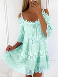 New Casual Loose Smocked Sundress Summer Vintage Lace Paneled Resort Style Dress Women Sling Off Shoulder Beach Dresses Vestidos