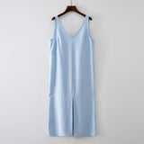 Summer Women Solid White V Neck Sleeveless Fashion Dress Split Tank Dress
