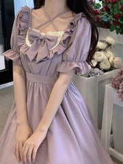 Sweet Kawaii Lolita Dress Women Japanese Cute Ruffles Wrap Puff Sleeve Halter Short Dresses Summer Bow Soft Girls