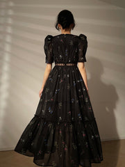 Vintage Black Floral Midi Dress Women Short Sleeve French Elegant Dress Beach Summer Casual Korean Evening Party Dress