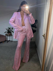 Sequined Long Sleeve Blazer Suit Set Glitter Sexy Loose Blazer Suit Fpr Night Club Party Streetwear 3 Piecet Set WomenFall