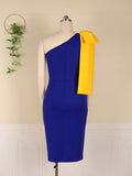 Women Dresses Bodycon Party Sexy One Shoulder Bowtie Blue Yellow Patchwork Irregular Sheath Event Lady African Autumn Night Out  Pbong mid size graduation outfit romantic style teen swag clean girl ideas 90s latina aesthetic