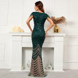Deep V Neck Green Sequin Evening Dress Sexy Party Maxi Dress Women Beading Dress Long Prom Dress 19085