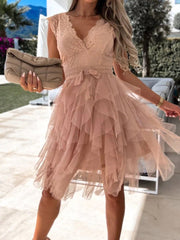 Pbong Women Elegant Turtleneck Lace Patchwork Party Dress Sexy Sleeveless Ladies Summer Mesh Ruffle Dress Cute Princess Lace-Up Dress