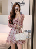 Summer Sweet Elegant Short Party Dress Korean Fashion Floral Mini Dress Beach Long Sleeve Casual Vintage Dress Woman Chic