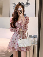 Summer Sweet Elegant Short Party Dress Korean Fashion Floral Mini Dress Beach Long Sleeve Casual Vintage Dress Woman Chic