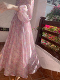 Vintage Long Sleeve One Piece Chiffon Dress for Women Fairy Elegnat French Floral Party Midi Dresses Evening Korean Summer