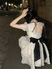 Summer French Vintage Floral Mini Dress Woman Beach Elegant One Piece Dress Korean Fashion Bow Sweet Short Party Dress Chic