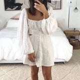 Sexy Lantern Sleeve Hollow Out Embroidery White Cross Elastic Rope Backless Mini Dress BOHO Slit Back Woman Holiday Robe
