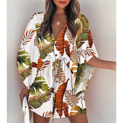 Summer Boho Mini Dress Women Flora Print Batwing Sleeve Lace-Up V Neck Loose Button Dresses Ladies Beach Party Dress Vestido