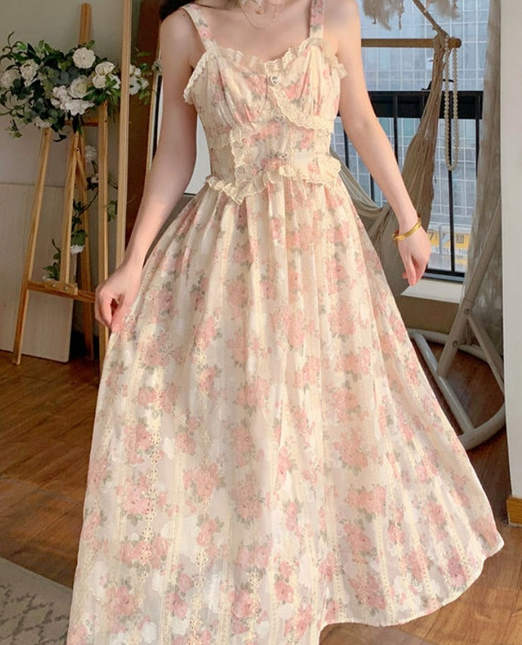 Chiffon Lace Strap Dress Women Floral Embroidery Fairy Vintage Long Dress Female Sweet Princess Casual Party Dresses Summer