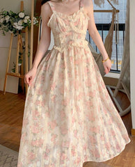 Chiffon Lace Strap Dress Women Floral Embroidery Fairy Vintage Long Dress Female Sweet Princess Casual Party Dresses Summer
