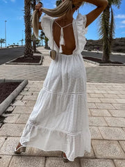 Sexy Solid Ruffles Maxi Beach Dress Summer Fashion Slimming Backless White Dress Elegant Casual Embroidery Lace-up Party Dresses