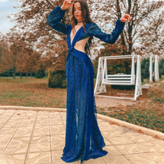 Pbong mid size graduation outfit romantic style teen swag clean girl ideas 90s latina aestheticSexy V-Neck Backless Hollow Out Dress Summer Women Lantern Sleeve Club Party Long Maxi Dresses Tunic Beach Cover Up A916