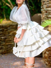 Women White Cake Dresses  Bubble Lantern Sleeves Patchwork Party Fashion Lovely Celebrate Occasion Event Lolita Female Robes New Pbong mid size graduation outfit romantic style teen swag clean girl ideas 90s latina aesthetic