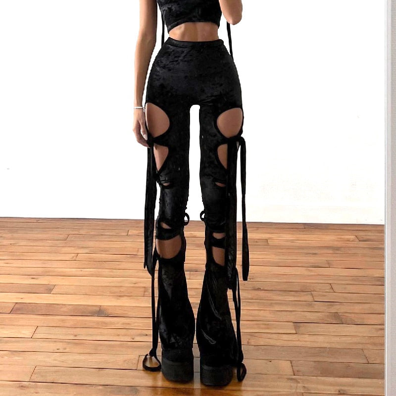 Goth Dark Velvet Hollow Out Mall Gothic Pencil Pants Grunge Aesthetic Punk Sexy High Waist Trousers Y2k Bandage Women Alt Bottom