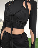 Gothic hollow tshirt 2 pieces crop top summer black Punk bandage tassel top high streetwear party top cotton tees female