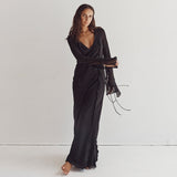 Elegant Black Sheer Beach Dress Women Sexy Flare Sleeve Mesh Tassel Bodycon Summer Dress Night Party Long Dress Cover-Ups