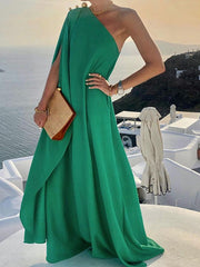Elegant Solid One Shoulder Big Hem Dress Summer Fashion Skew Collar Backless Beach Dresses Women Irregular Loose Slit Maxi Dress