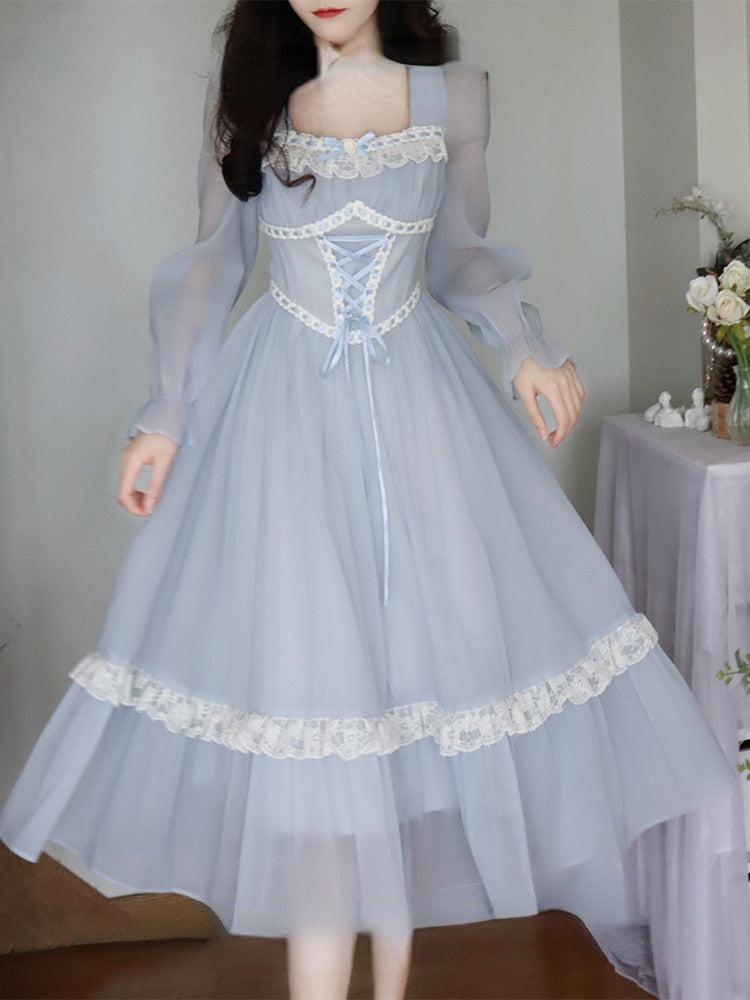 Summer Vintage Fairy Dress Women Bow Lace Korean Style Mid Dress Female Blue Lace Long Sleeves Elegant Party Dress Casual