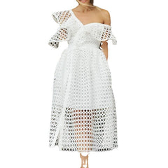Elegant Hollow Out Lace Dress Women Sexy Inclined Shoulder V Neck Ruffles Party Dresses Summer White A Line Long Dress