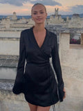 Black Satin V-Neck Shirt Dress Women  Spring Flare Sleeve Lace Up Mini Dresses Elegant Ladies Party Vestidos