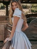 Summer Blue Puff Sleeve Corset Dress Mini Elegant A Line Lace Up Holiday Party Dress Square Neck Women Dress