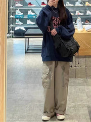 Harajuku Style Khaki Cargo Pants Women Hip Hop Streetwear Pockets Solid Basic Baggy Wide Leg Trousers Oversize Kpop Bottom