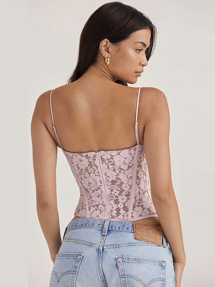 High Quality Summer Corset Top Y2k Vintage Lace Top Women Sexy Padded Camis Pink Bodycon Crop Top for Party Club