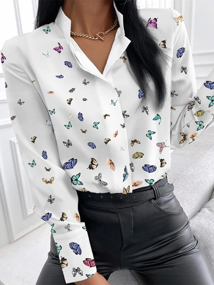 Autumn Floral Print Blouse Women Clothes Stand Collar Long Sleeve Office Lady Shirts Tops Female Casual Plus Size Blouses