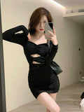 Black Bodycon Dress Women Autumn Long Sleeve Short Party Dress Office Lady Pure Color Elegant Vintage Y2k Mini Dress Korean