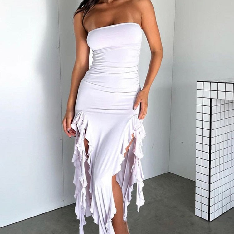 Ruffle Strapless High Split Women Dress Elegant Sexy Split Slim Fringe Sleeveless Off-Shoulder Dress Backless Club Party Outfits